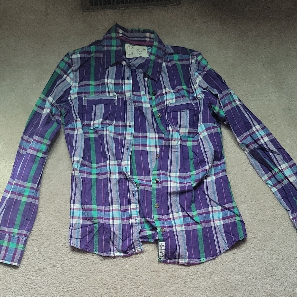 American Eagle Outfitters Purple and Green Plaid Shirt